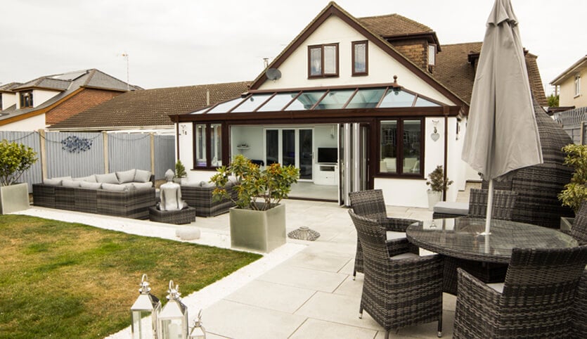 Brown and white uPVC orangery installation