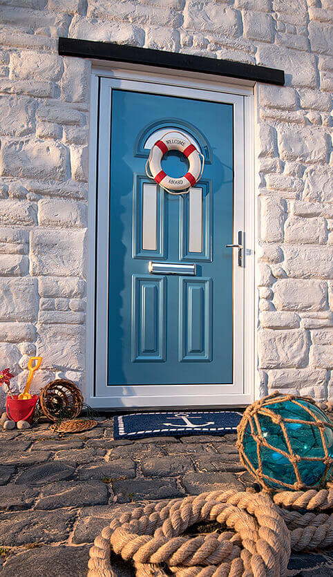 Light blue aluminium entrance door