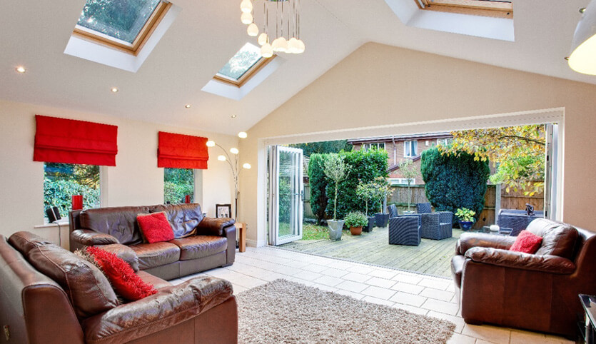 Extension interior with a gable pitched roof