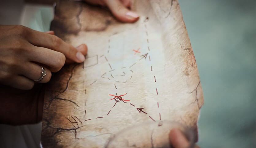 An old treasure map with 'X' marking the spot.