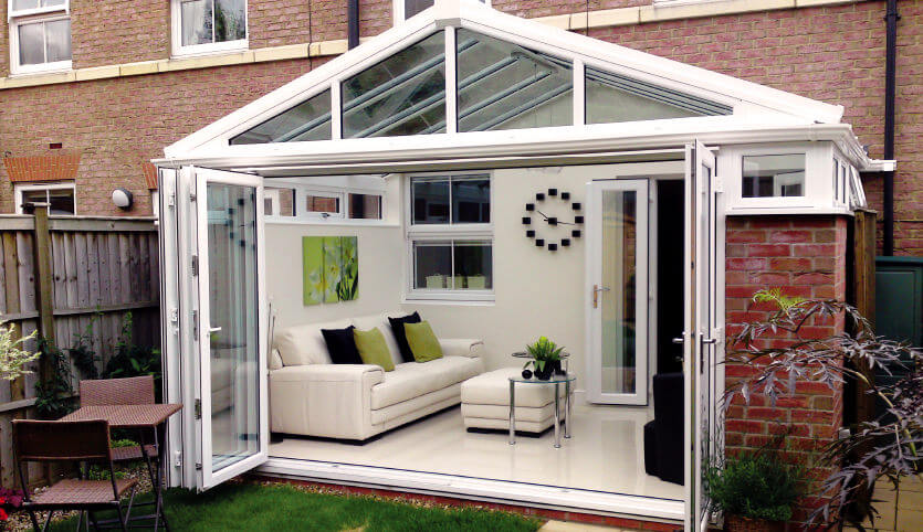 White uPVC Gable conservatory with open doors