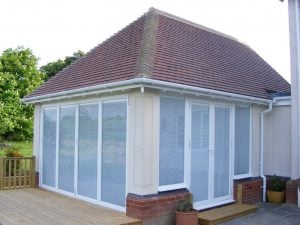 Closed internal blinds on a conservatory.