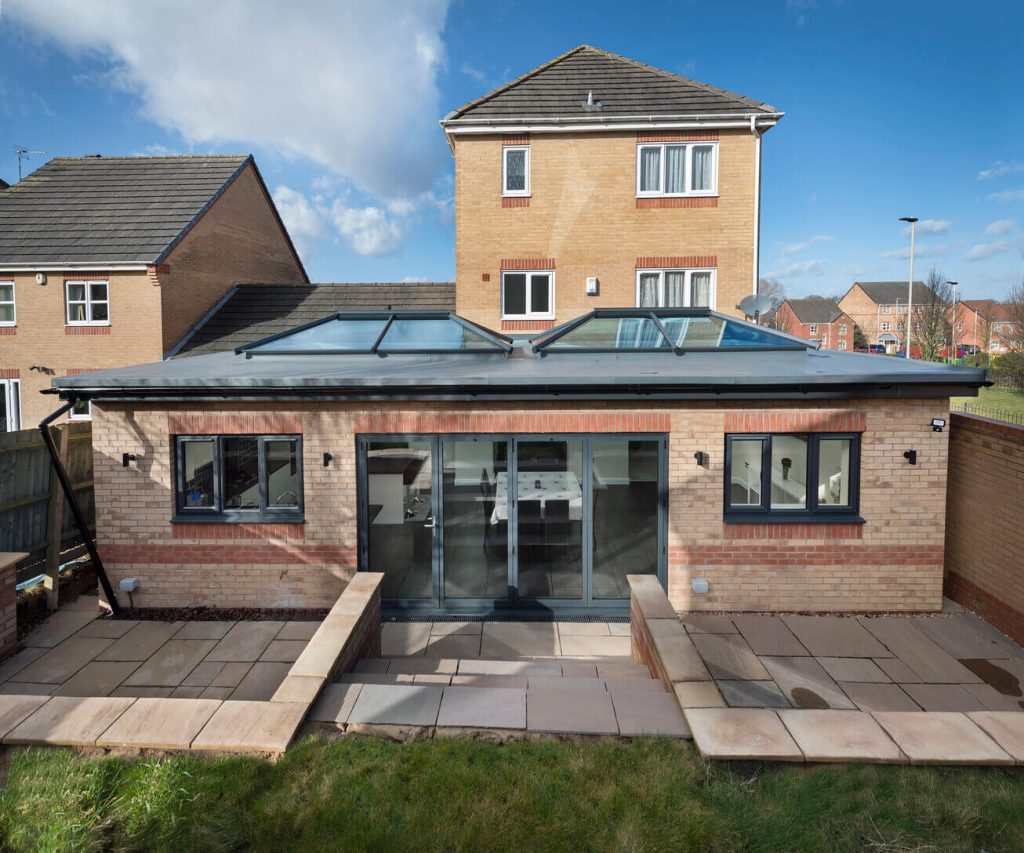Flat roof extension with roof lanterns