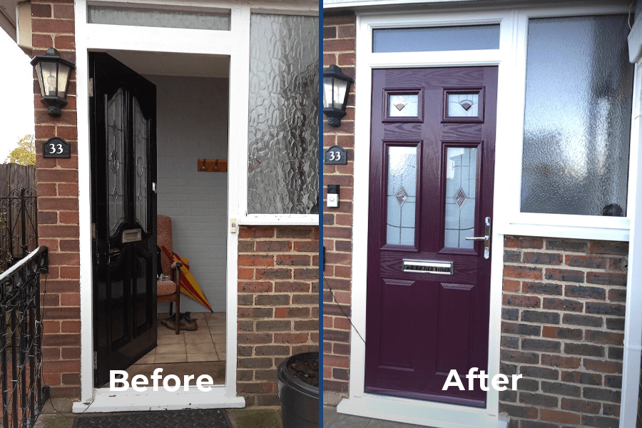 before and after of aubergine composite door project