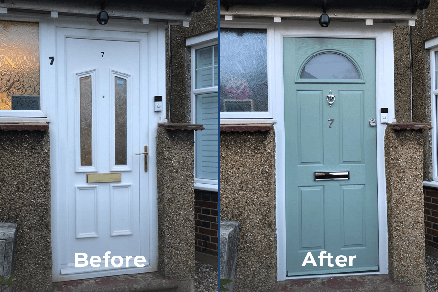 before and after of green composite front door project