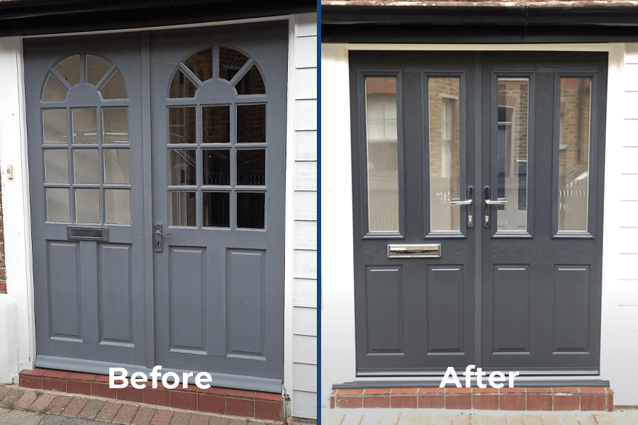 before and after of grey double composite doors project