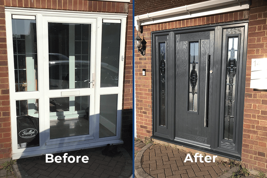 Black composite door with sidelights upgrade