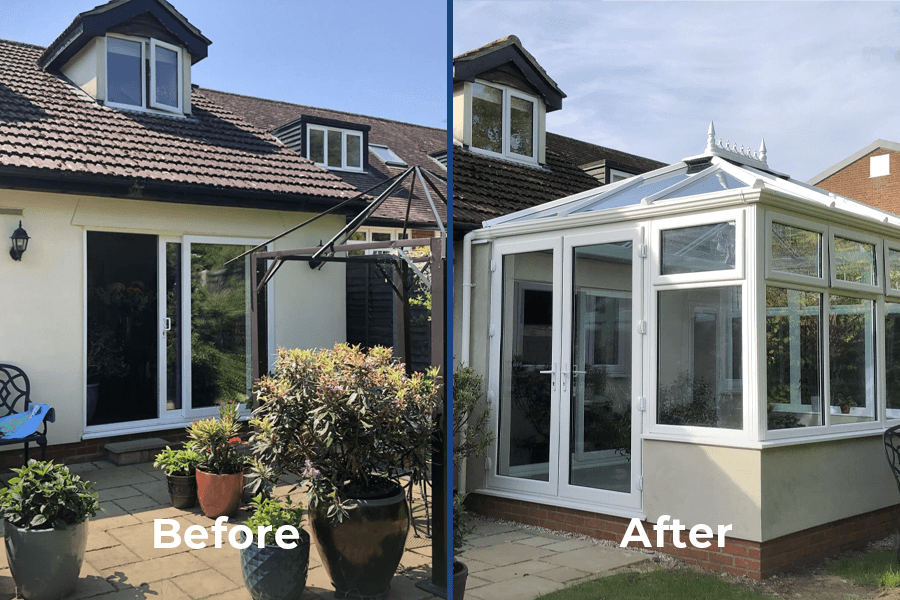 before and after of pvc conservatory with glass roof installation