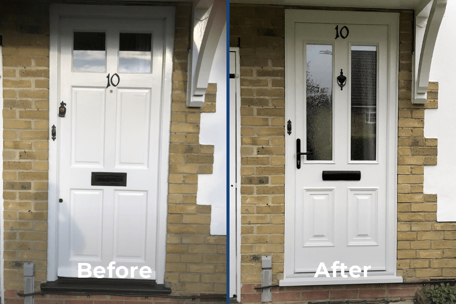 before and after of white upvc front door project