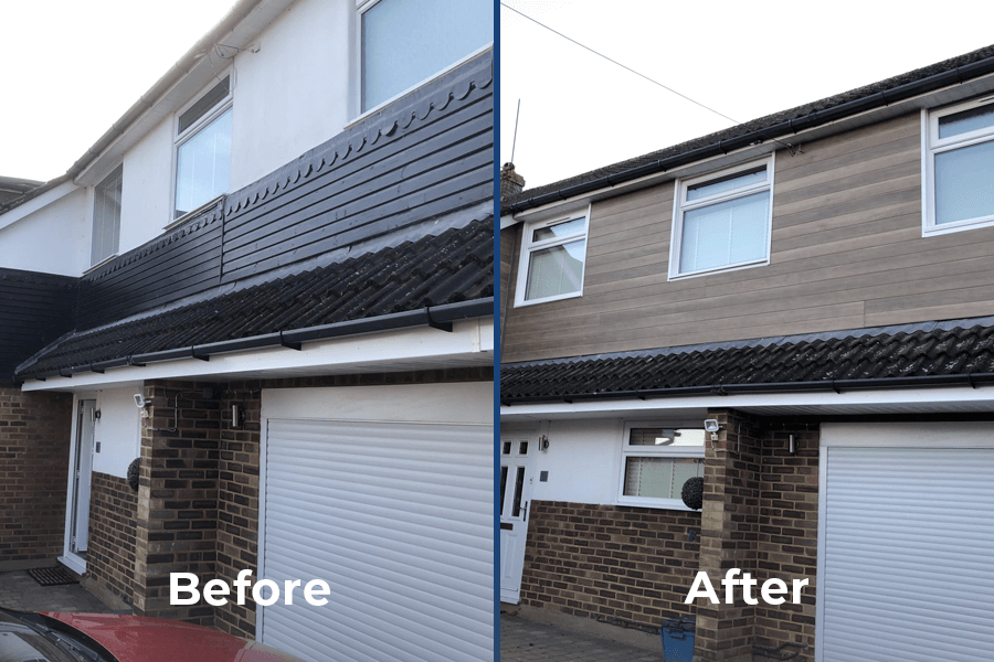 before and after of taupe composite cladding project