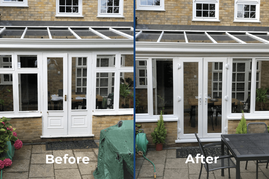 before and after of new windows and doors on lean to project