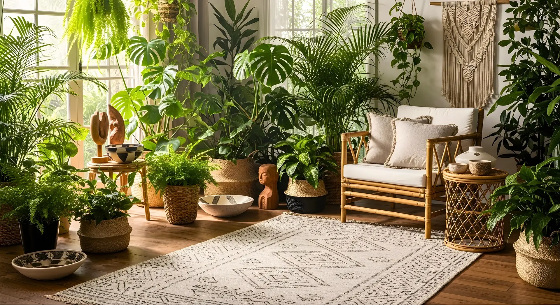 A chair surrounded by plants with tall plants