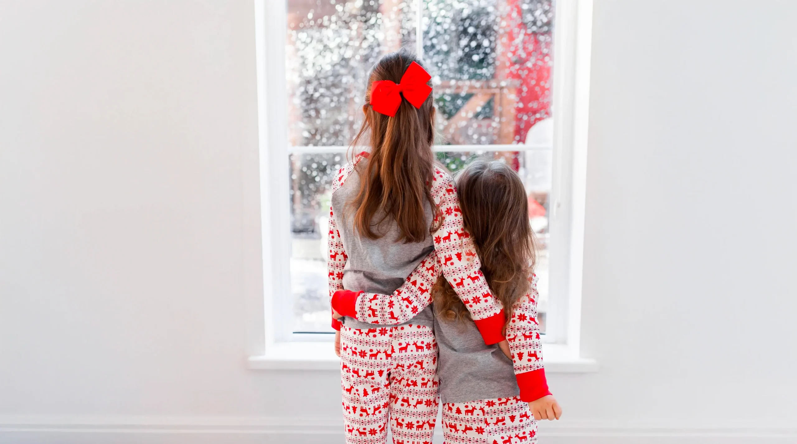 Two girls looking out a snow filled window