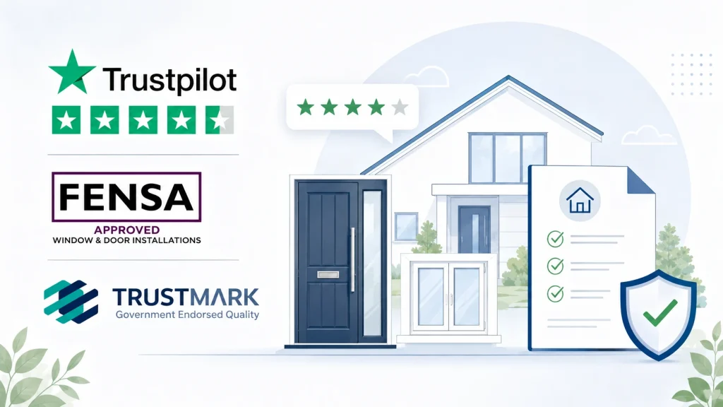 Home improvement trust signals including Trustpilot, FENSA and TrustMark logos