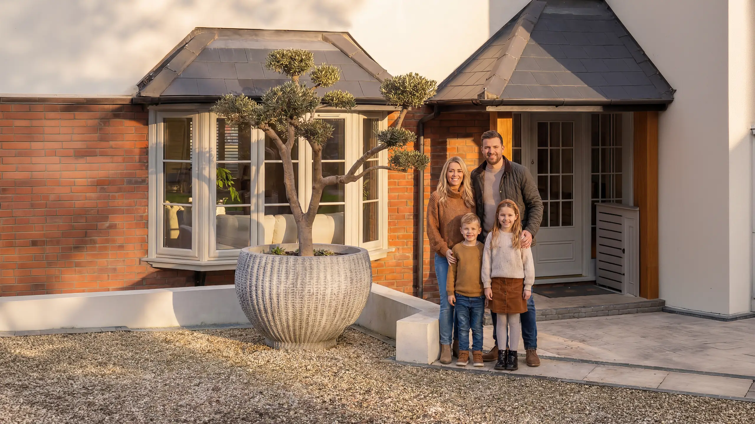 Family of four stands smiling in front of a modern house with a large potted plant by the entrance.